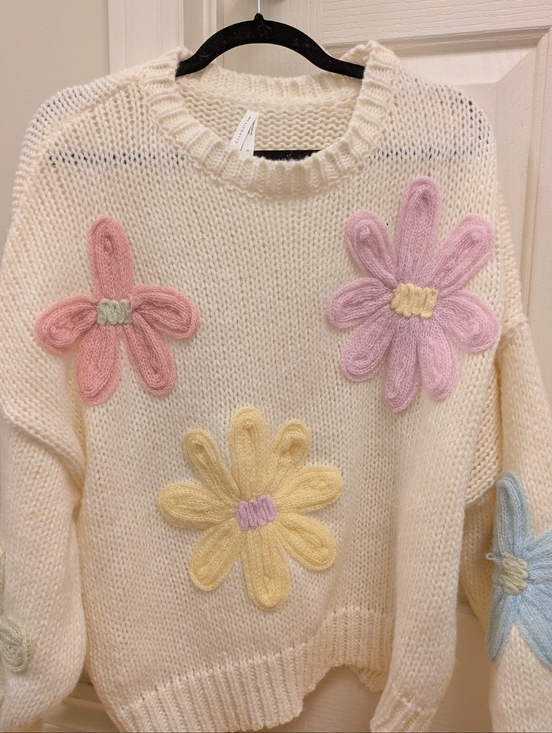 Dreamers Sweaters - Dreamers Cream Sweater with Pastel Floral Appliqués